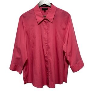 Foxcroft Blouse Women 18W Pink Coral Shaped Wrinkle Free Button Front 3/4 Sleeve